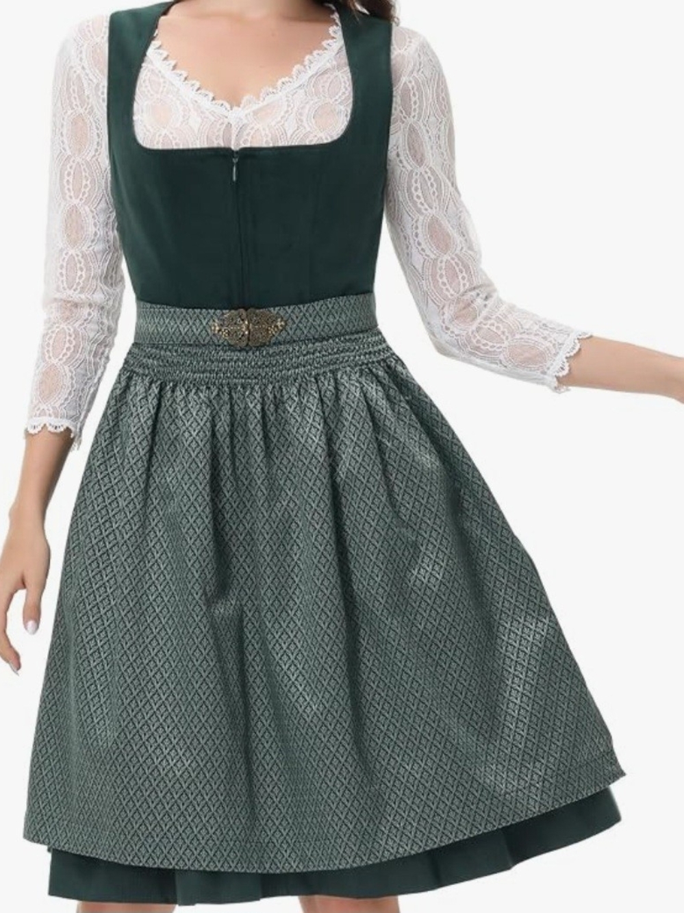& Other Stories Dark Green Textured Circle Skirt with Embellished Waist